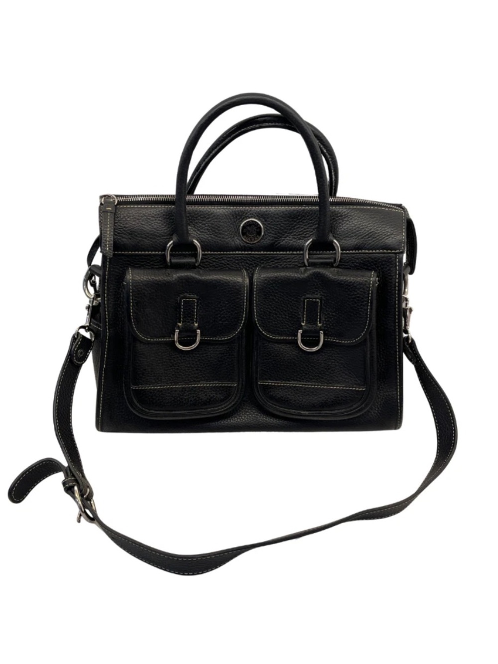 Dooney & Bourke Black Pebbled Leather Double Pocket Handbag Satchel With Strap